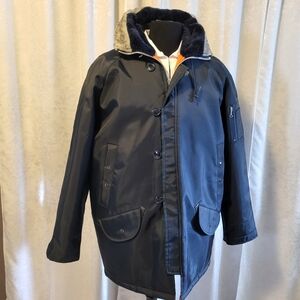 Warm Wear By Nesco Men's Hooded Heavy Jacket, Overcoat, Size XL, Blue and Orange